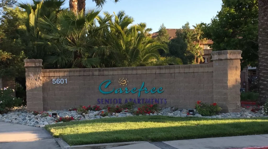Entrance monument sign at Carefree Senior Living at North Natomas