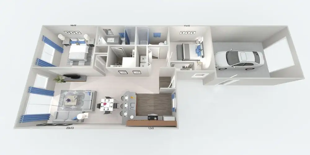 Villa Two Bedroom with Patio & Garage floorplan — 2-bedroom, 2 bath, 1050 sq. ft. at Carefree North Natomas in Sacramento