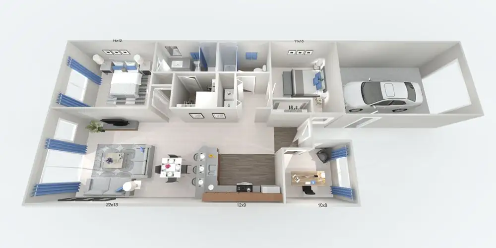 Deluxe Villa Two Bedroom with Den, Patio & Garage floorplan — 2-bedroom, 2 bath, 1140 sq. ft. at Carefree North Natomas in Sacramento