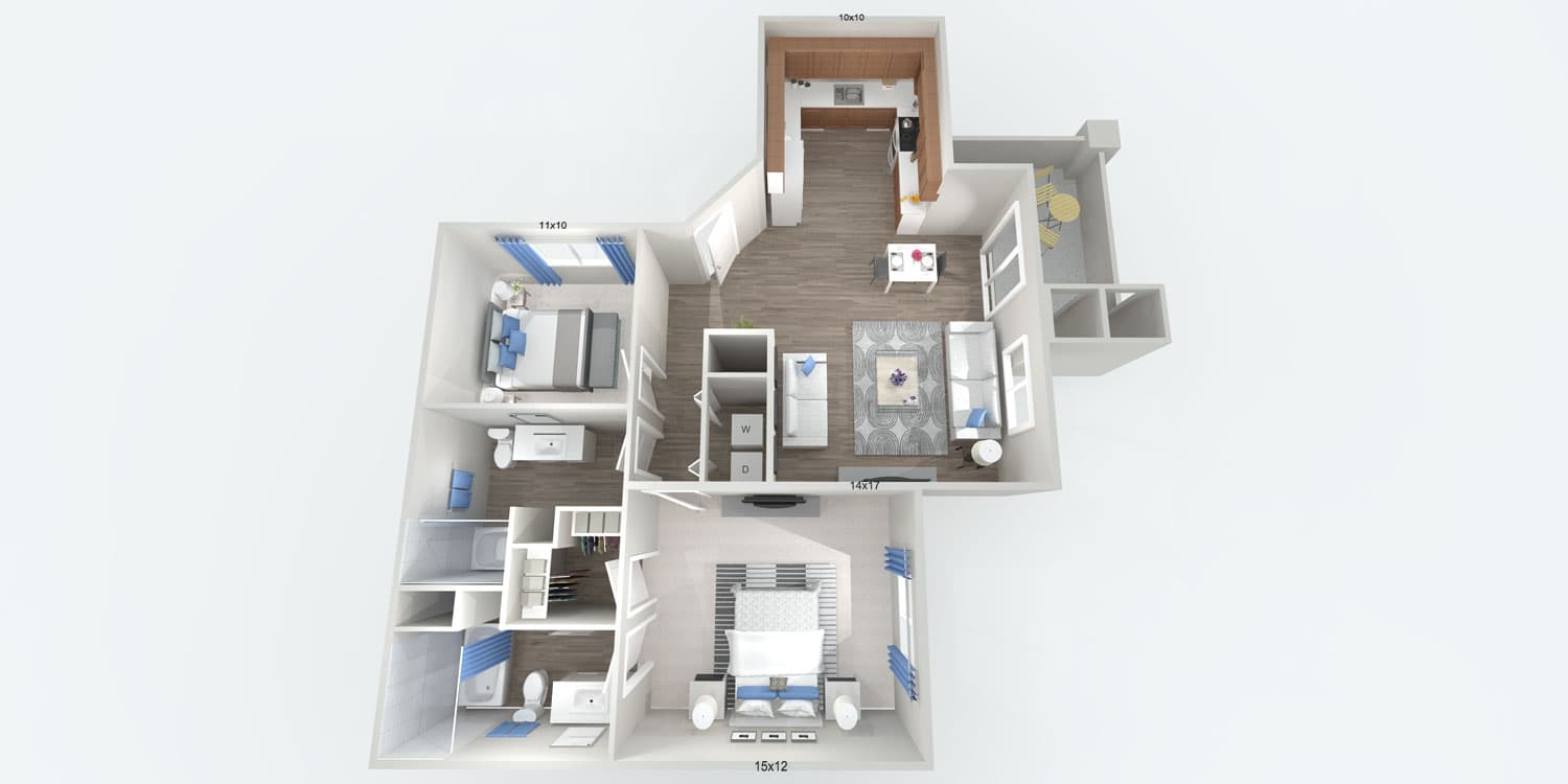 Penthouse Two Bedroom with Patio floorplan — 2-bedroom, 2 bath, 1036 sq. ft. at The Willows in Las Vegas