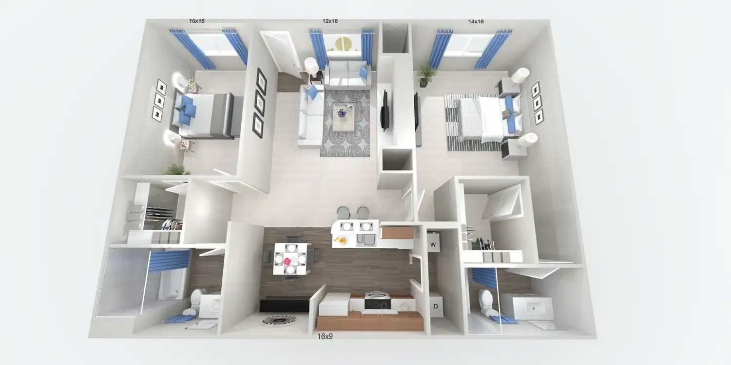 Double Master Two Bedroom floorplan — 2-bedroom, 2 bath, 1190 sq. ft. at The Willows in Las Vegas