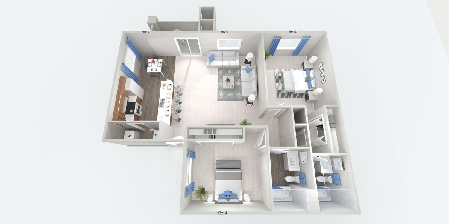Grand Two Bedroom with Patio floorplan — 2-bedroom, 2 bath, 1253 sq. ft. at The Willows in Las Vegas