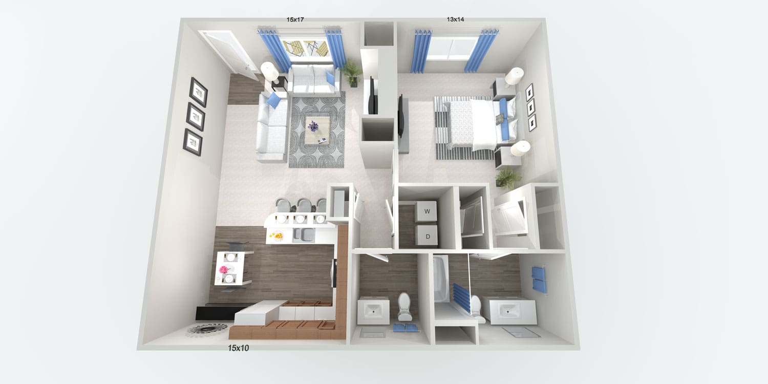 Deluxe One Bedroom floorplan — 1-bedroom, 1.5 bath, 890 sq. ft. at The Willows in Las Vegas