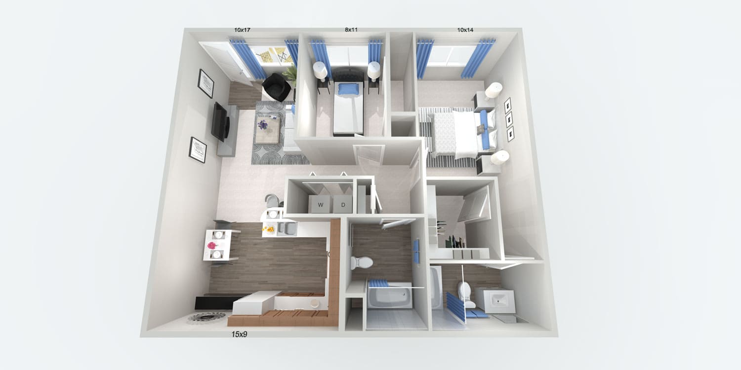 Large Two Bedroom floorplan — 2-bedroom, 2 bath, 900 sq. ft. at The Willows in Las Vegas