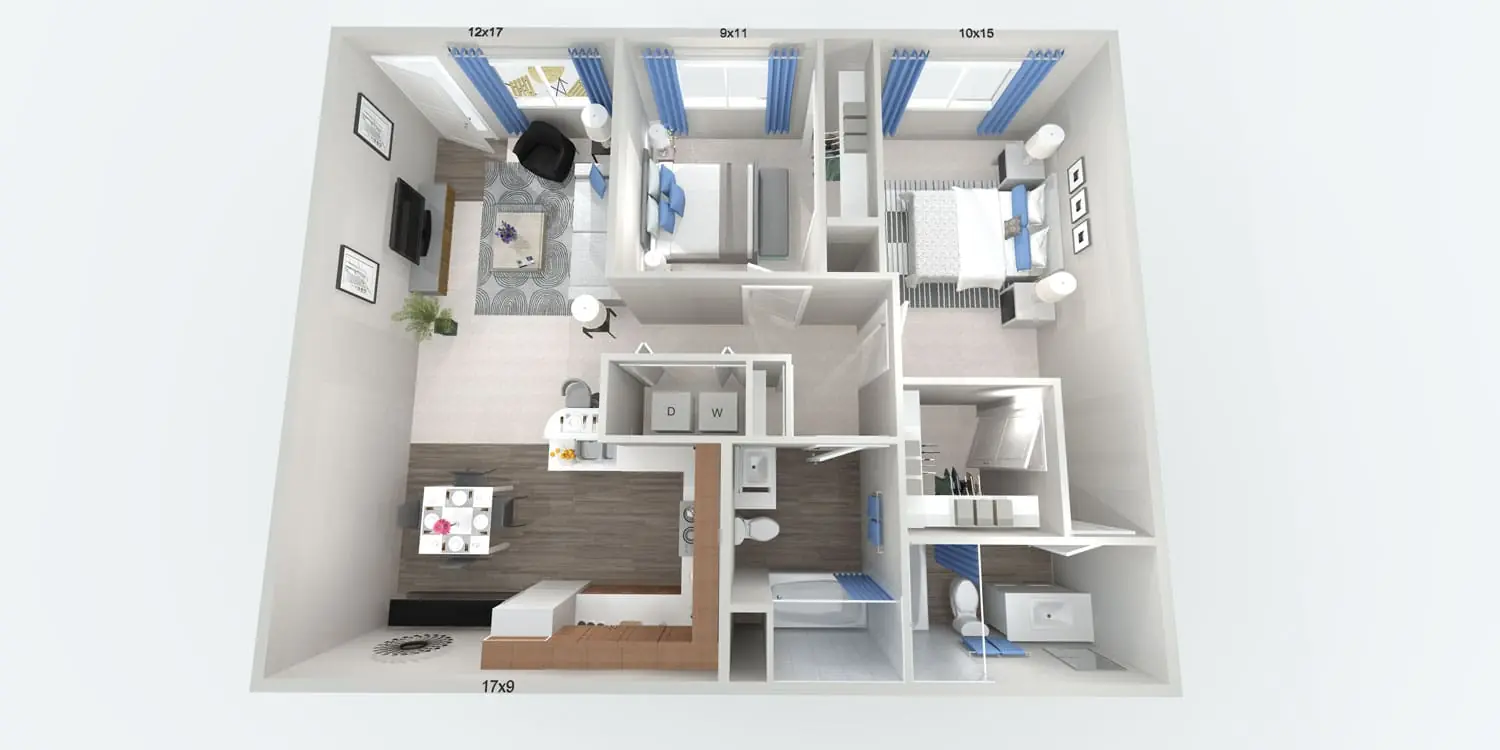 Deluxe Two Bedroom floorplan — 2-bedroom, 2 bath, 962 sq. ft. at The Willows in Las Vegas